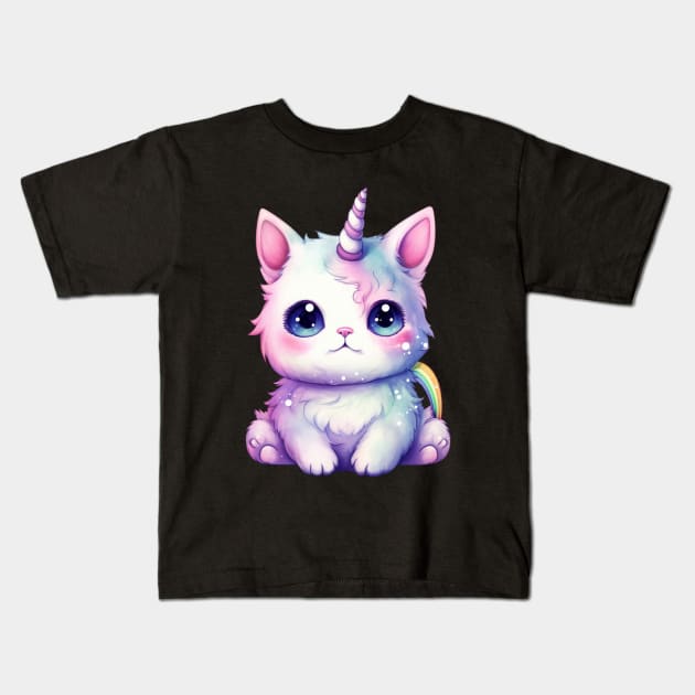 Whimsical Cat Unicorn Tee: Dreamy Pastel Colors, Cartoon Kawaii Anime Print Kids T-Shirt by YUED